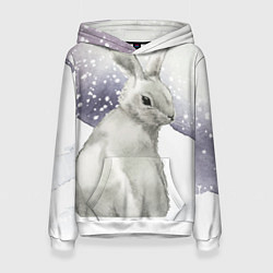 Толстовка-худи женская Милый кролик на снегу, цвет: 3D-белый