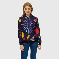 Толстовка-худи женская Новогодний фейерверк, цвет: 3D-черный — фото 2