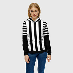 Толстовка-худи женская Черно белый узор в полоску, цвет: 3D-черный — фото 2