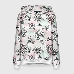 Толстовка-худи женская Цветы сакуры на акварельном фоне - паттерн, цвет: 3D-белый