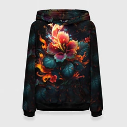Толстовка-худи женская Огненный цветок на темном фоне, цвет: 3D-черный