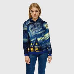 Толстовка-худи женская Новогодняя ночь - имитация Ван Гога, цвет: 3D-синий — фото 2