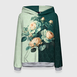 Толстовка-худи женская Розы на зеленом фоне, цвет: 3D-меланж