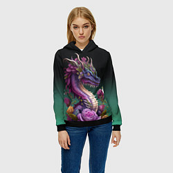 Толстовка-худи женская Неоновый дракон с цветами, цвет: 3D-черный — фото 2