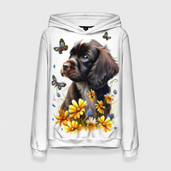 Толстовка-худи женская Черный щенок и жёлтые полевые цветы, цвет: 3D-белый