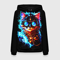 Толстовка-худи женская Светящийся кот стимпанк, цвет: 3D-черный