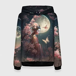 Толстовка-худи женская Девушка в сакуре под луной, цвет: 3D-черный