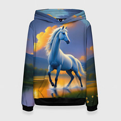 Толстовка-худи женская Белая лошадь на рассвете, цвет: 3D-черный