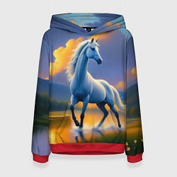 Толстовка-худи женская Белая лошадь на рассвете, цвет: 3D-красный