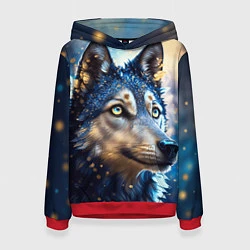 Толстовка-худи женская Волк на синем фоне, цвет: 3D-красный