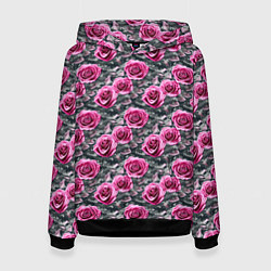 Толстовка-худи женская Розовые розы с цифровым камуфляжем, цвет: 3D-черный
