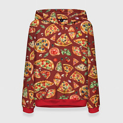 Толстовка-худи женская Кусочки пиццы ассорти - акварельный паттерн, цвет: 3D-красный