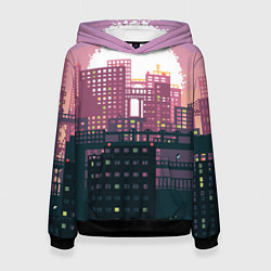 Толстовка-худи женская Пиксельный пейзаж города - закат, цвет: 3D-черный