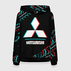 Толстовка-худи женская Значок Mitsubishi в стиле glitch на темном фоне, цвет: 3D-черный