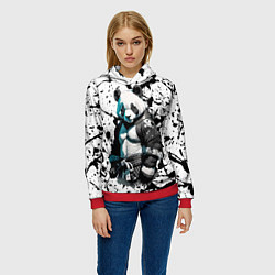Толстовка-худи женская Panda samurai on the background of blots, цвет: 3D-красный — фото 2