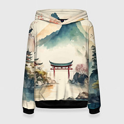 Толстовка-худи женская Японский пейзаж - акварель, цвет: 3D-черный