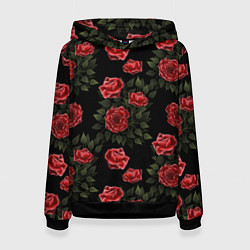 Толстовка-худи женская Красные розы на черном - паттерн, цвет: 3D-черный