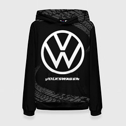 Толстовка-худи женская Volkswagen speed на темном фоне со следами шин, цвет: 3D-черный
