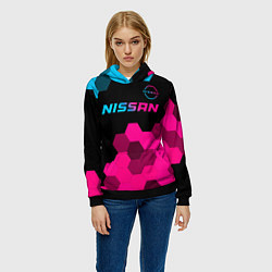 Толстовка-худи женская Nissan - neon gradient: символ сверху, цвет: 3D-черный — фото 2