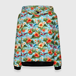 Толстовка-худи женская Разные гавайские цветочки, цвет: 3D-черный