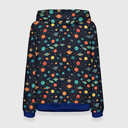 Толстовка-худи женская Темный космос с планетами паттерн, цвет: 3D-синий