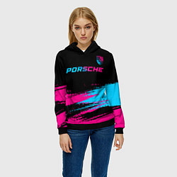 Толстовка-худи женская Porsche - neon gradient: символ сверху, цвет: 3D-черный — фото 2