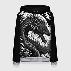 Толстовка-худи женская Черно-белый дракон и волны, цвет: 3D-меланж