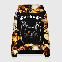 Толстовка-худи женская Garbage рок кот и огонь, цвет: 3D-черный