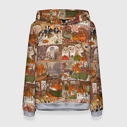 Толстовка-худи женская Коллаж из сказочных зверей - совы, белки, ёжики, цвет: 3D-меланж