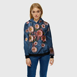 Толстовка-худи женская Хризантемы на джинсе, цвет: 3D-черный — фото 2