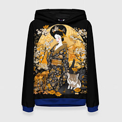 Толстовка-худи женская Японская гейша с кошкой, цвет: 3D-синий