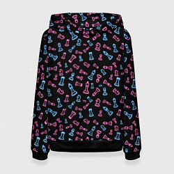 Толстовка-худи женская Неоновые розовые и голубые шахматные фигуры на чер, цвет: 3D-черный