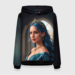 Толстовка-худи женская Девушка принцесса с синими волосами, цвет: 3D-черный