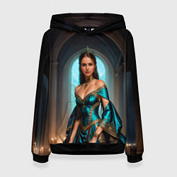 Толстовка-худи женская Девушка принцесса в бирюзовом платье с драгоценнос, цвет: 3D-черный