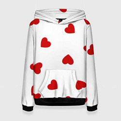 Толстовка-худи женская Красные сердечки на белом, цвет: 3D-черный