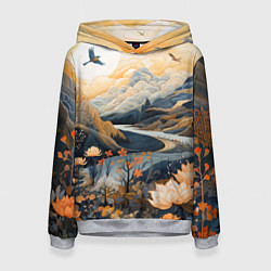 Толстовка-худи женская Солнечное утро в цветущих горах, цвет: 3D-меланж