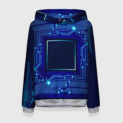 Толстовка-худи женская Технический синий паттерн, цвет: 3D-меланж