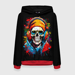 Толстовка-худи женская Яркий красочный череп в бандане и очках, цвет: 3D-красный