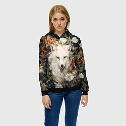 Толстовка-худи женская Белая лисица в кустах цветов, цвет: 3D-черный — фото 2