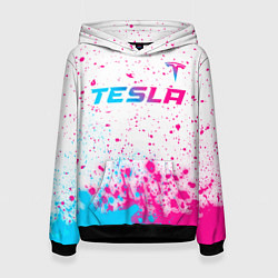 Толстовка-худи женская Tesla neon gradient style: символ сверху, цвет: 3D-черный