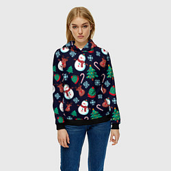 Толстовка-худи женская Снеговички с рождественскими оленями и елками, цвет: 3D-черный — фото 2