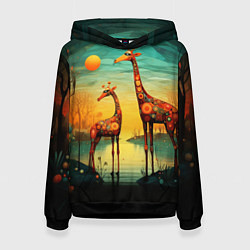 Толстовка-худи женская Жирафы в стиле фолк-арт, цвет: 3D-черный