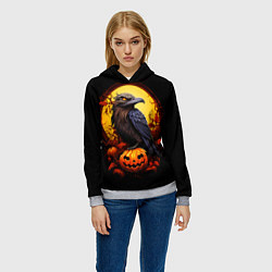 Толстовка-худи женская Halloween - ворон и тыква, цвет: 3D-меланж — фото 2