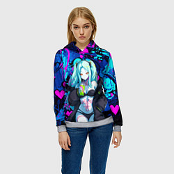 Толстовка-худи женская Ребекка и граффити - киберпанк, цвет: 3D-меланж — фото 2