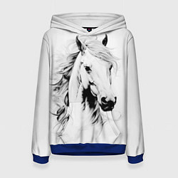 Толстовка-худи женская Лошадь белая на ветру, цвет: 3D-синий