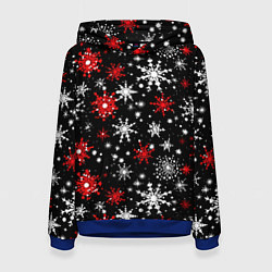 Толстовка-худи женская Белые и красные снежинки на черном фоне - нейросет, цвет: 3D-синий