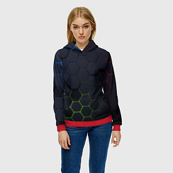 Толстовка-худи женская Абстрактный фон чёрные соты, цвет: 3D-красный — фото 2