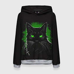 Толстовка-худи женская Портрет черного кота в зеленом свечении, цвет: 3D-меланж