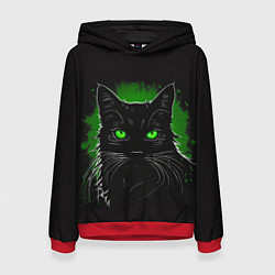 Толстовка-худи женская Портрет черного кота в зеленом свечении, цвет: 3D-красный
