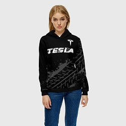 Толстовка-худи женская Tesla speed на темном фоне со следами шин посереди, цвет: 3D-черный — фото 2